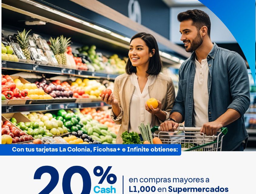 Llegó el día! Recibe HOY en Supermercados La Colonia, un 20% de cashback en compras mayores a L1,000 al pagar con tus tarjetas de crédito Ficohsa La Colonia, Ficohsa+ o Infinite