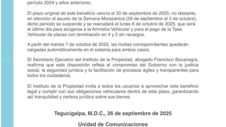 Amnistía y pago de matrícula entran en pausa por semana morazánica y se reactivan el 06 de octubre.
