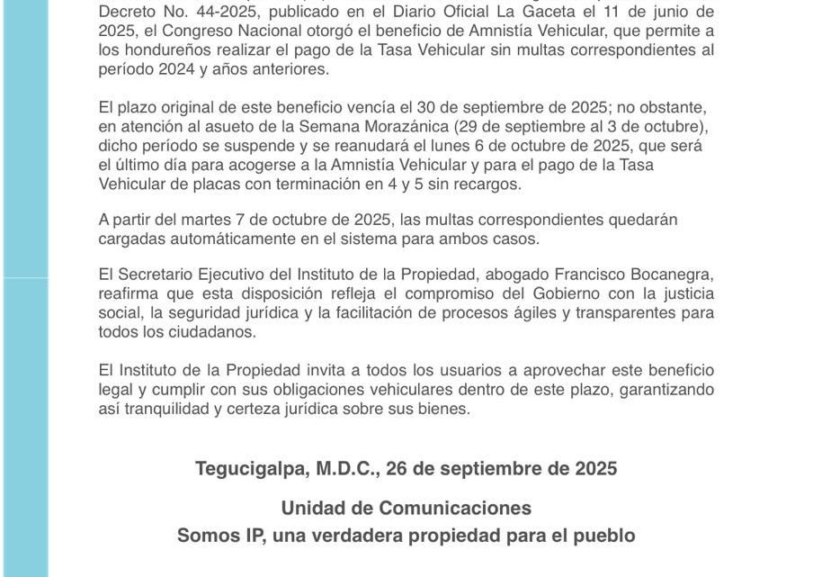Amnistía y pago de matrícula entran en pausa por semana morazánica y se reactivan el 06 de octubre.